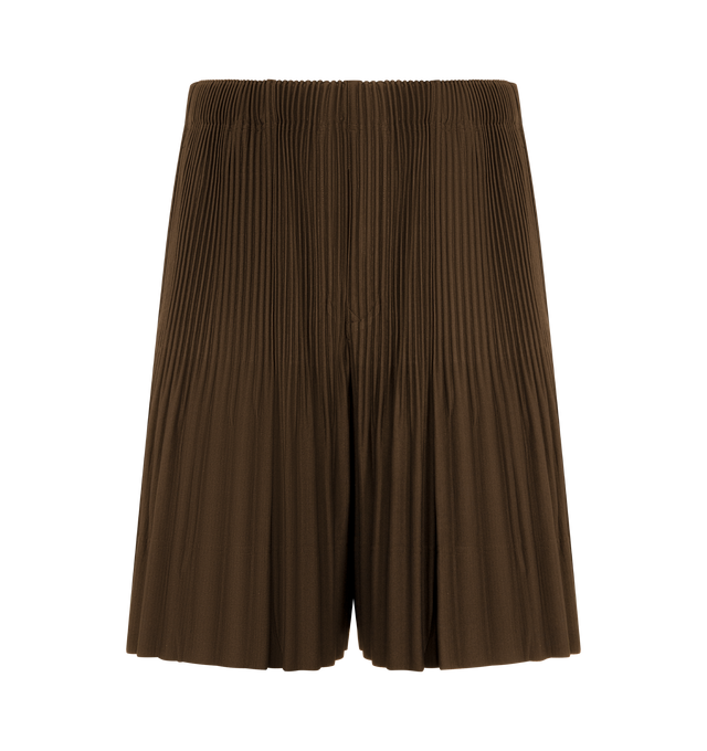Image 1 of 3 - BROWN - Issey Miyake Men's shorts designed for portability and lightweight comfort, with the quick-drying properties unique to polyester. Featuring elastic drawstring waist, pockets on both sides and button-fly design. 100% Polyester. Made In Japan.