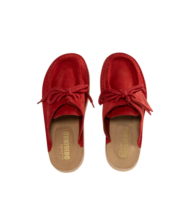 Image 4 of 4 - RED - CLARKS Desert Nomad Mule featuring suede upper, Clarks Originals heat embossed metallic foil logo on footbed, cord lace, natural Pebble Crepe sole and finished with two Clarks Originals fobs.