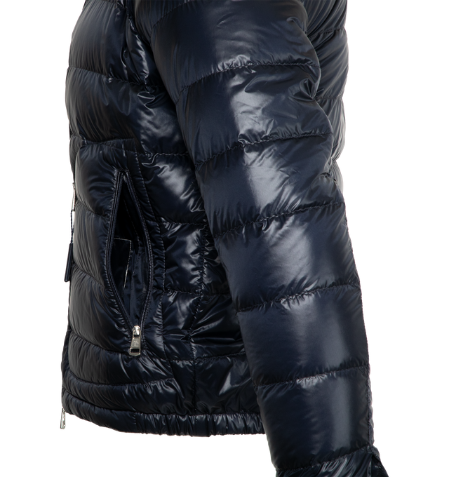 Image 3 of 3 - BLUE - MONCLER Acorus Short Down Jacket featuring down-filled, packable, front zipper closure, zipped pockets, collar opening and adjustable cuffs with snap button closure and logo patch. Exterior: 100% polyamide/nylon. Lining: 100% polyamide/nylon. Padding: 90% down, 10% feather. Made in Italy.  