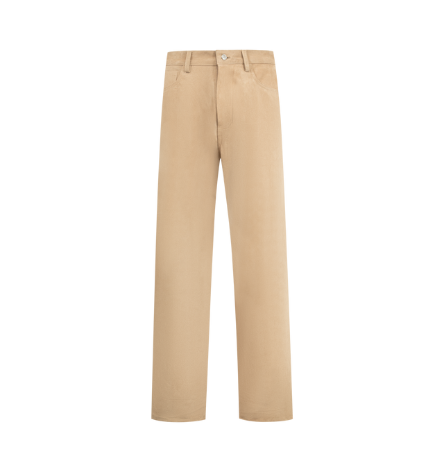 Image 1 of 5 - BROWN - NAHMIAS Suede Baggy Carpenter Pant featuring button zip closure, belt loops at waist, 5 pocket style with carpenter pocket at outseam and hammer loop. 100% leather.