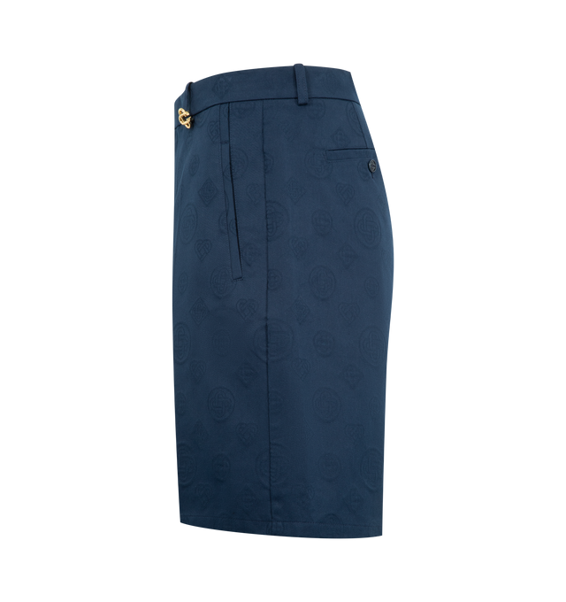 Image 3 of 3 - NAVY - CASABLANCA Monogram Shorts featuring knee-length, monogram pattern, waistband, belt loops with interlocking CC logo rivet, a zip closure, slanted front pockets and back pockets. 100% cotton. Made in Italy.