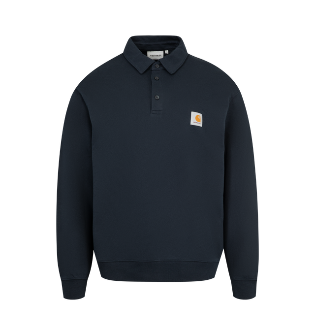 Image 1 of 2 - BLUE - CARHARTT WIP Polo Sweatshirt featuring front partial button closure, front logo patch, long sleeves, ribbed trim and midweight knit fabric. 100% cotton.