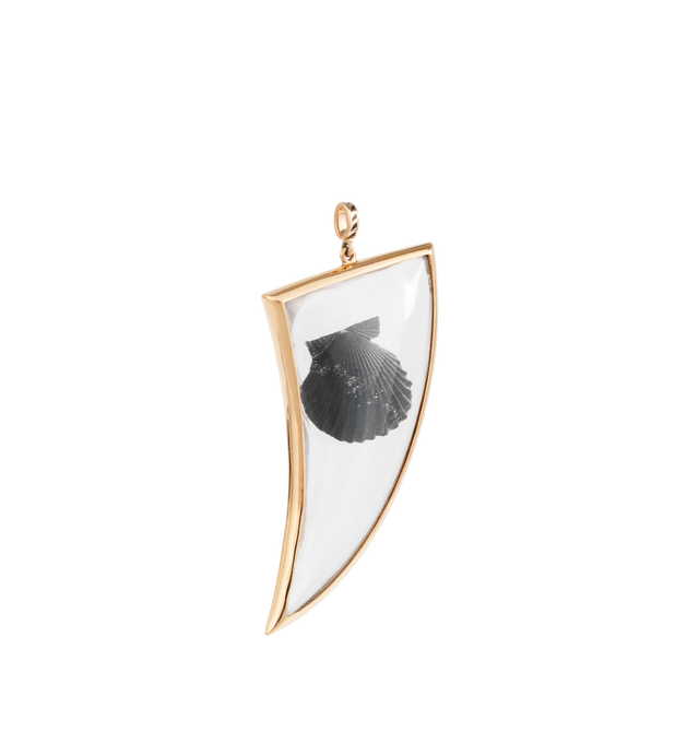 Image 1 of 2 - GOLD - Dezso by Sarah Beltran 18kt gold charm shaped to resemble a shark fin, handcrafted by anartisan in Jaipur, India with an black shell encased in clear quartz and patterned with the labels signature black fin motif around the link. 