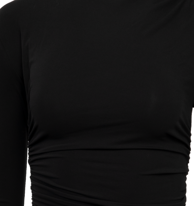 Image 3 of 3 - BLACK - SAINT LAURENT Ruched Dress featuring long sleeves, mini length, crew neck and ruched detail. 100% wool.  