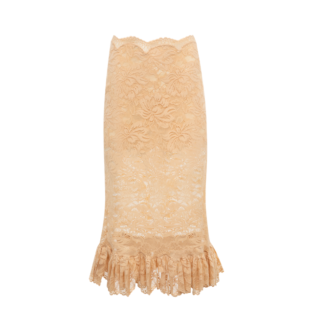 Image 1 of 2 - NEUTRAL - RABANNE Long Lace Skirt featuring lace-stretch fabric, straight cut, semi sheer, midi length and ruffle hem. 90% polyamide, 10% elastane. 