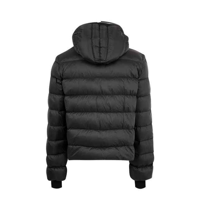 Image 2 of 3 - BLACK - Rick Owens Gimp heavyweight duvet jacket crafted from black matte nylon in a hip-length with long sleeves. Featuring horizontal stitching lines, zippered chest pocket, slit side pockets, and a center-front zipper that runs up all around the hood, so that it can close completely around your face. 100% nylon, water repellent with 100% new wool knit rib cuffs, 100% cotton pocket lining.90% goose down / 10% mallard feather fill.