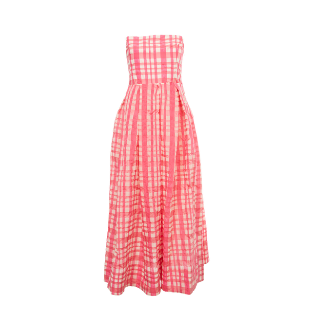 Image 1 of 4 - PINK - ROSIE ASSOULIN Oh Oh Livia's Dress featuring boned bodice, pleated waist and full skirt, gingham plaid pattern, strapless, hook-and-eye and hidden zip at side and on-seam hip pockets. 40% polyester, 32% polyamide, 28% cotton. 