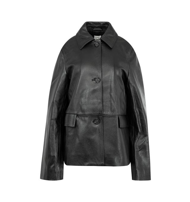 Image 1 of 4 - BLACK - TOTEME Grained Leather Jacket featuring button front, flap pockets and satin lining. 100% cow leather. Lining: 100% viscose.