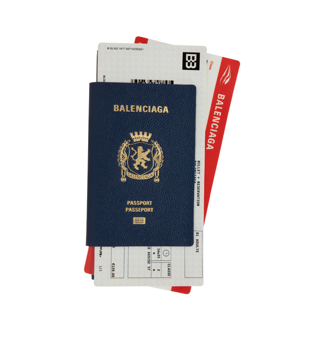 Image 1 of 3 - BLUE - BALENCIAGA Passport Long Wallet 2 Tickets featuring semi matte soft textured calfskin, long wallet, Balenciaga logo and two trompe l'il tickets printed at front, 1 zipped coin purse, 2 bill pockets and 6 card slots. L4.9 x H8.3 x W0.8 inch. Calfskin, cellulose, polyurethane. Made in Italy.