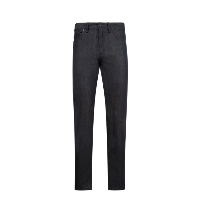 Image 1 of 3 - NAVY - MONCLER Straight Leg Denim Jeans featuring comfort denim, zipper and snap button closure and logo patch. 75% cotton, 24% polyester, 1% elastane/spandex.