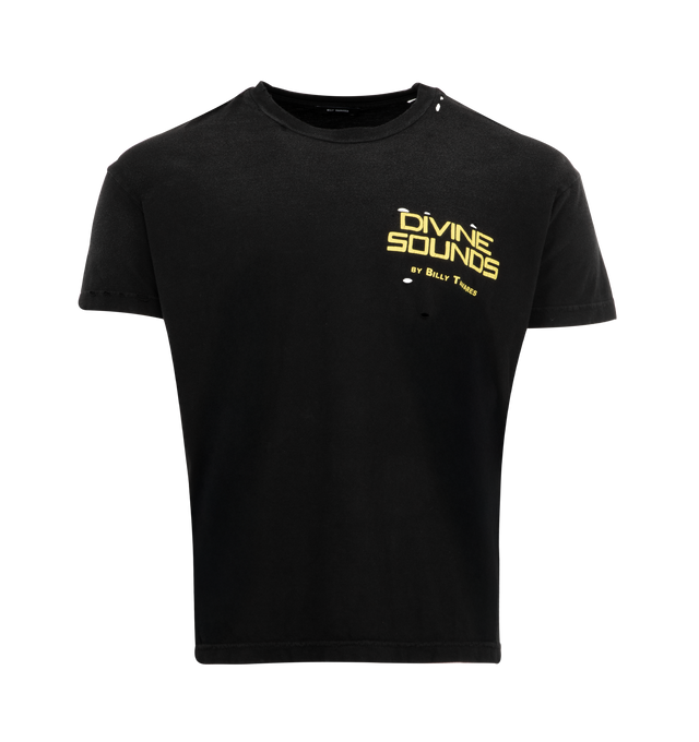 Image 1 of 2 - BLACK - WILLY CHAVARRIA Divine Sounds Destroyed T-shirt featuring crew neck, short sleeves and text print on front and back. 100% cotton. Made in United States.