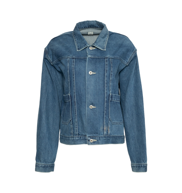 Image 1 of 3 - BLUE - CHIMALA Classic slightly cropped denim jacket with two front pleats for easier movement, a single hip pocket. Crafted from 100% cotton Japanese 13.4 oz selvedge denim woven on 1930's looms, natural indigo dye with a rinse wash. Made in Japan. 