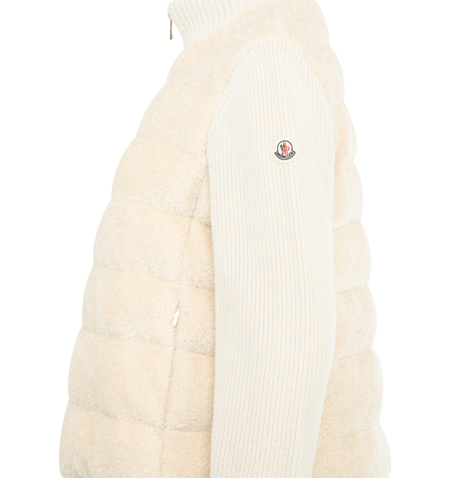 Image 3 of 3 - WHITE - MONCLER Padded Teddy & Wool Zip-Up Cardigan featuring ultra-fine Merino wool, teddy fleece front and back, longue saison lining, down-filled, high neck, ribbed knit, gauge 7 and 5, zipper closure and zipped pockets. 60% acrylic, 40% cotton. 100% virgin wool. Lining: 100% polyamide/nylon. Padding: 90% down, 10% feather. Made in Moldova.