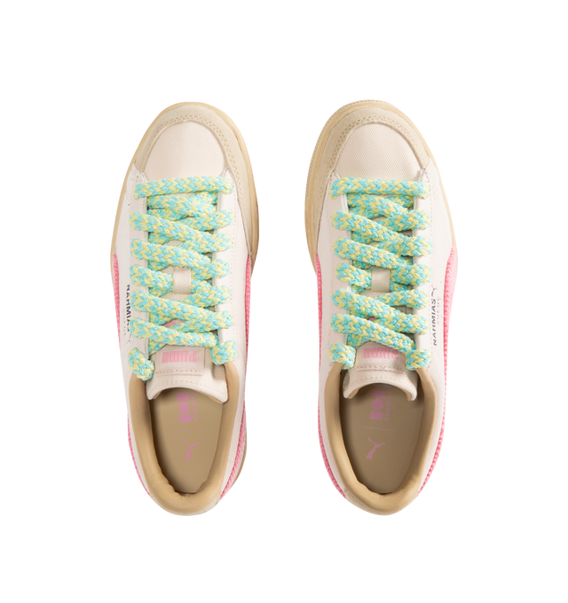 Image 5 of 5 - MULTI - PUMA x NAHMIAS Suede Crochet Sneakers featuring a distressed leather formstrip and trim, crochet laces, PUMA x Nahmias friendship lace beads, Let's Be Friends" printed on the inner lining and rounded toe.