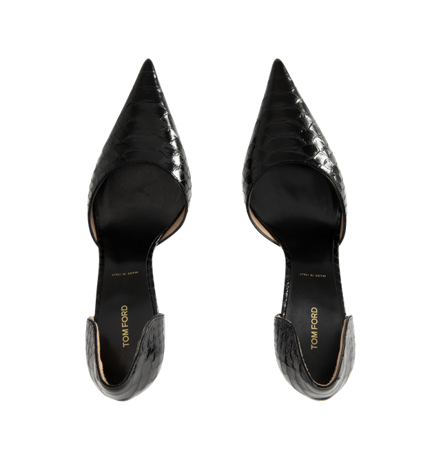 Image 4 of 4 - BLACK - TOM FORD Semi Shiny Printed Python Spire DOrsay Pump featuring a pointed toe, square metal stiletto heel and contrasting galvanic accents. 85mm. 100% calfskin. Lining: nude leather. Made in Italy.
