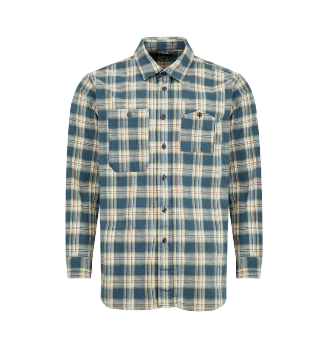 Image 1 of 2 - BLUE - ENGINEERED GARMENTS Work Shirt featuring relaxed fit, standard collar, button front closure, buttoned chest patch pockets, large side gussets for movement, barrel cuffs with button closure, reinforced elbows and curved hem. 100% cotton. Made in USA.