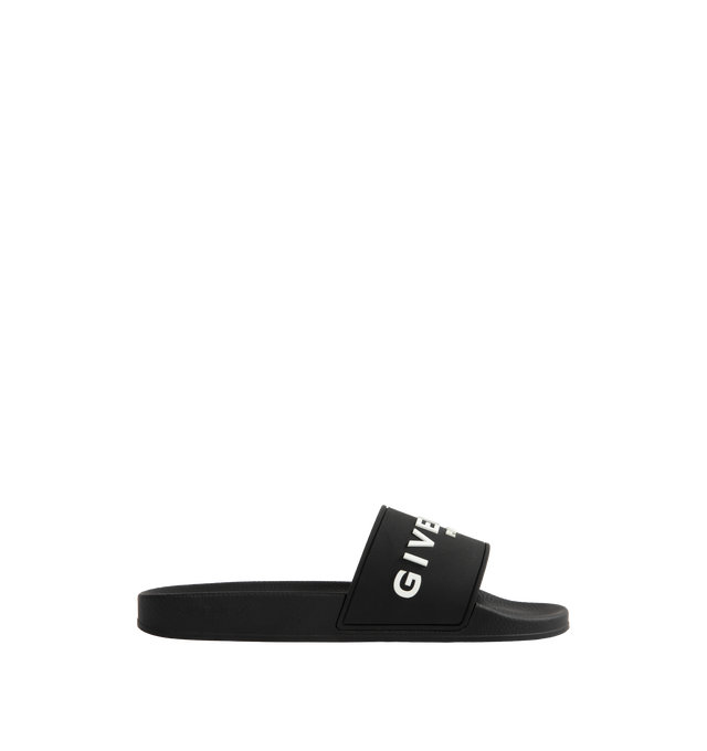 Image 1 of 4 - BLACK - GIVENCHY Logo Pool Slide Sandals featuring flat heel, open toe, one-band upper, molded footbed, easy slide style and 1" rubber sole. Made in Italy.