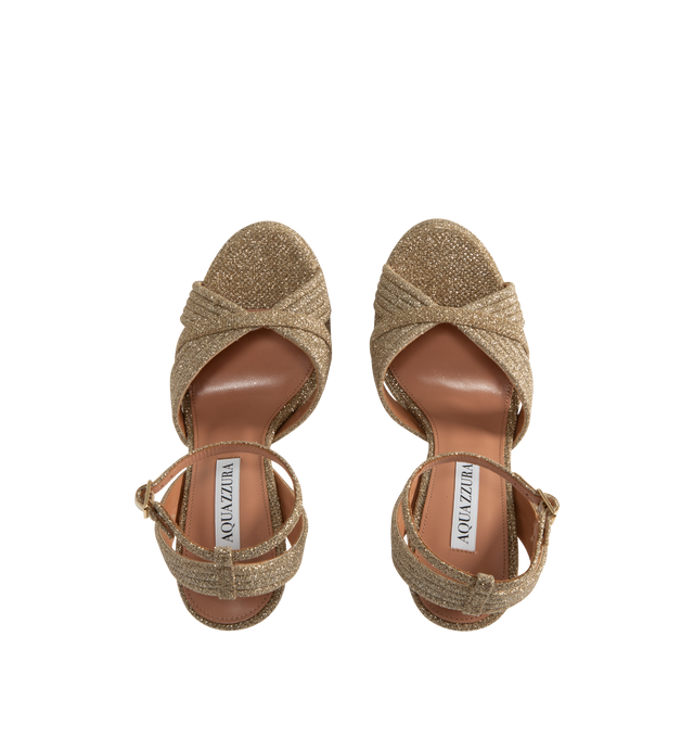 Image 4 of 4 - NEUTRAL - AQUAZZURA Sundance Plateau Platform Sandals featuring a glittery fabric, complete with multiple band detailing, platform soles, round open toe and leather lining. 140mm block heels. Made in Italy.