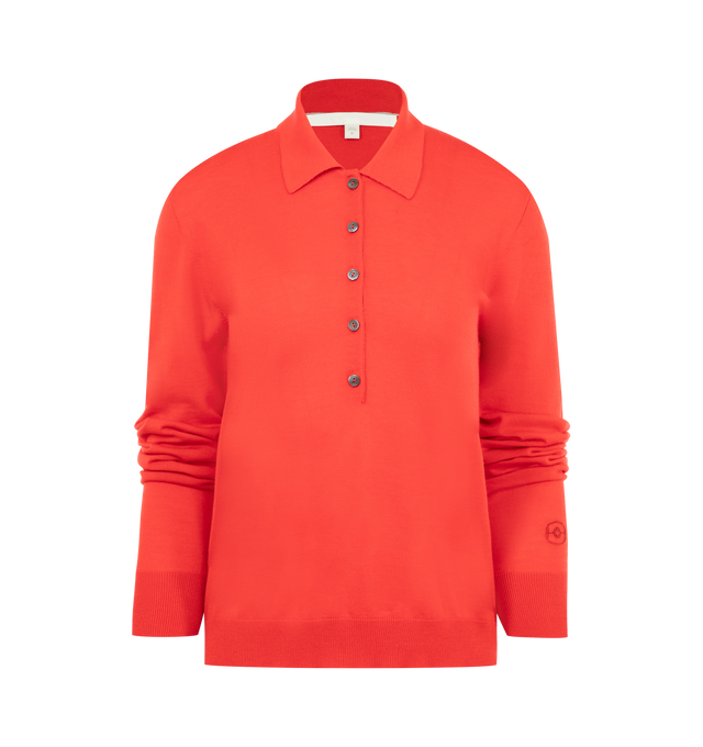 Image 1 of 2 - RED - RADH The Dea Polo Top featuring a classic polo, finely knit wool, long sleeves, polo collar and button up. Wool.