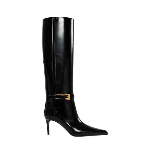Image 1 of 5 - BLACK - Saint Laurent tube boots with pointed toe and 7cm high stiletto heel featuring a metallic buckle strap at the ankle. 100% calfskin leather with leather sole.  Made in Italy. 