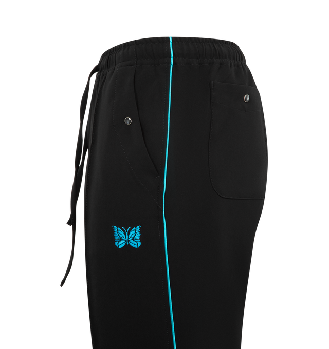 Image 3 of 3 - BLACK - NEEDLES Piping Cowboy Pant featuring drawstring at elasticized waistband, four-pocket styling, zip fly, logo embroidered at front, pinched seam at front legs and satin piping at outseams. 89% polyester, 11% polyurethane. Made in Japan.