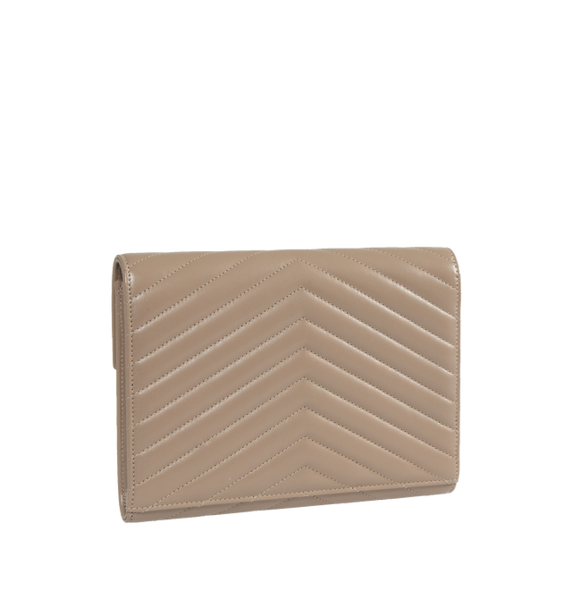 Image 2 of 3 - GREY - SAINT LAURENT Flap Pouch featuring front flap, chevron quilted overstitching, lining with organic cotton, snap button closure and one flat pocket. 8.3" X 6.3" X 1.2". 100% lambskin. Made in Italy.  