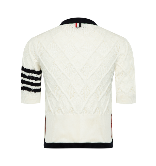 Image 2 of 3 - WHITE - THOM BROWNE Argyle Pointelle 4-Bar Cardigan featuring v-neck, short sleeves, button fastening, signature 4-Bar stripe at the sleeve, RWB stripe tab at the back and ribbed cuffs and hem. 100% cottton.