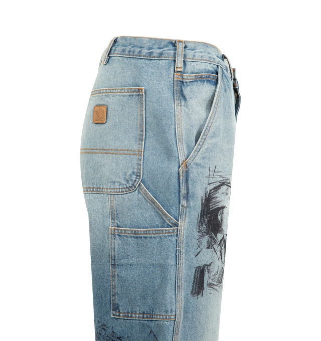Image 3 of 3 - BLUE - ONE OF THESE DAYS All Over Print Painters Jeans featuring zip fly and button closure, 5-pocket styling and midweight denim fabric. 100% cotton.