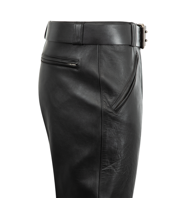 Image 3 of 3 - BLACK - SAINT LAURENT Leather Belted Pant featuring mid-rise pants with a straight leg, a removable belt, zip pockets, a zip fly, cupro lining, front snap-button closure with zip fly. 100% cowhide. Made in Italy.