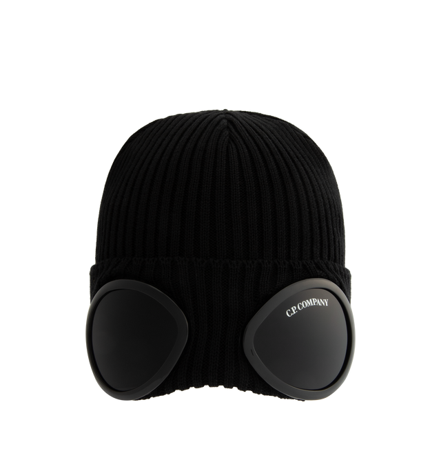 Image 1 of 2 - BLACK - C.P. COMPANY Cotton Goggle Beanie featuring turn-up brim, ribbed knit and goggle lenses. 100% cotton. Made in Italy.