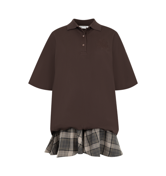 Image 1 of 2 - BROWN - Acne Studios Womens T-Shirt Dress is crafted from smooth cotton. Features a regular fit, polo piqu collar, three-button closure, gathered short sleeves, balloon hem with contrasting checkered ruffled skirt, layered construction, and seasonal embroidered crest logo at the chest. Main Material: 95% Cotton, 5% Elastane; Lining: 100% Cotton; Contrast: 100% Cotton. Made with organically grown cotton. Made in Portugal.