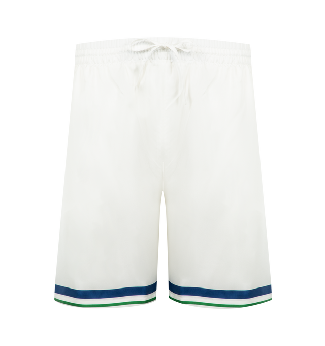 Image 1 of 3 - WHITE - CASABLANCA Drawstring Silk Track Shorts featuring drawstring fastening, graphic print, striped hemline and back patch pocket. 100% silk. Made in Italy.