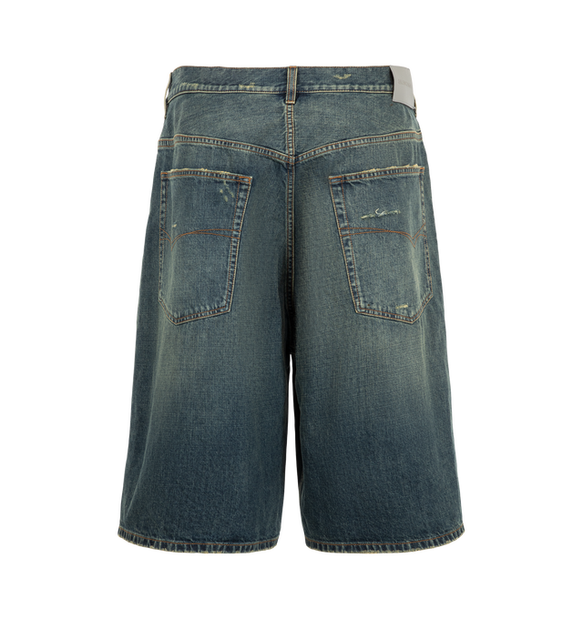 Image 2 of 3 - BLUE - Balenciaga Men's Denim Bermuda Shorts are crafted from cotton denim in a dirty vintage blue wash and feature a button closure and five belt loops. Two slash pockets, two open back pockets, and a grey debossed Balenciaga leather patch at the back complete the design. Main Material: 100% Cotton. Pocket Lining: 65% Polyester, 35% Cotton. Leather Detail: Cowskin. Made in Italy.