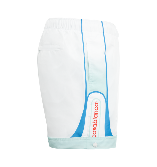 Image 3 of 3 - WHITE - CASABLANCA Fuji Printed Swim Shorts featuring elasticated waistband, 2 side pockets, fully lined and printed branding. 100% polyester. Made in Portugal.