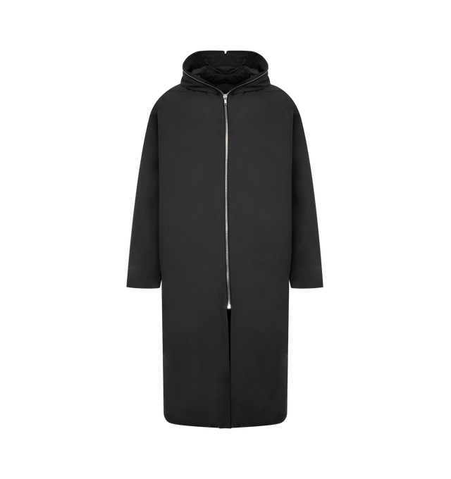 Image 1 of 3 - BLACK - RICK OWENS Gimp Mac Coat featuring below knee length, long loose sleeves, large hood with zip through fastening, silver-tone hardware, fully lined and double internal pockets. 100% new wool. Made in Italy.