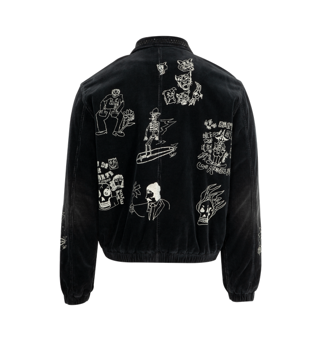 Image 2 of 4 - BLACK - COUT DE LA LIBERTE Vince Stretch Embroidered Jacket featuring corduroy fabric, zip front closure, side slit pockets, elastic waist and cuffs and emboidered on sleeves and back.