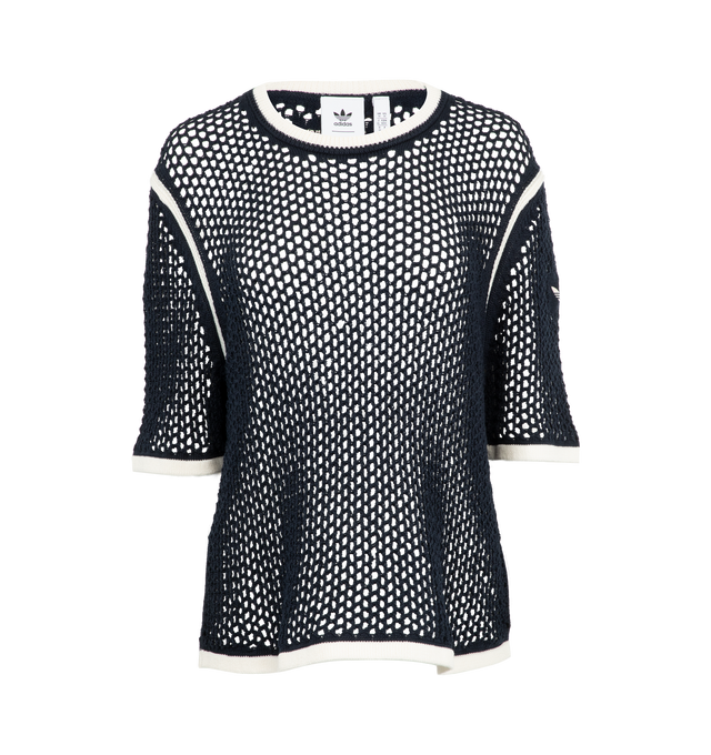 Image 1 of 2 - NAVY - Adidas by Wales Bonner Knit Tee featuring open crochet knit fabric, short leeves and crew neck. 60% cotton, 40% recycled polyester.