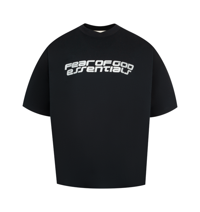 Image 1 of 2 - BLACK - FEAR OF GOD ESSENTIALS 90s Tee featuring an oversized 90s-inspired silhouette, exaggerated proportions with dropped shoulders for a relaxed drape, matte HD print application on front, "26" graphic on back, and signature rubberized Fear of God Essentials label at the collar. 100% cotton jersey.