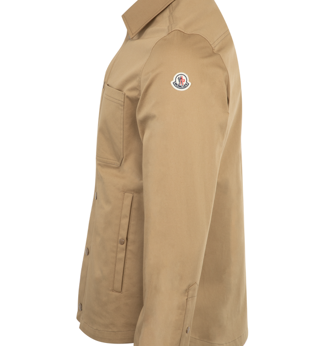 Image 3 of 3 - BROWN - Moncler Cotton Long Sleeve Shirt has a zipper and snap button closure, snap button pockets, adjustable cuffs, and a leather logo patch. 100% cotton. Made in Romania.