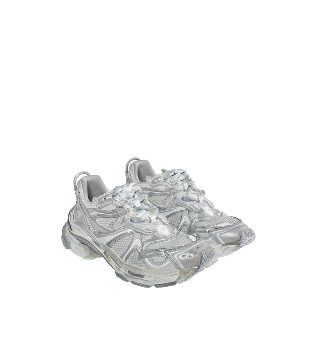 Image 2 of 5 - SILVER - Balenciaga Men's Runner 2.0 Sneaker in silver, grey, kaki and neon yellow mesh, polyurethane and polyester. Leather free style featuring worn-out effect, printed size at the edge of the toe, debossed size at back, runner logo printed on exterior, Balenciaga logo debossed on the tongue, and at the back of the heel, and back pull-on tab.