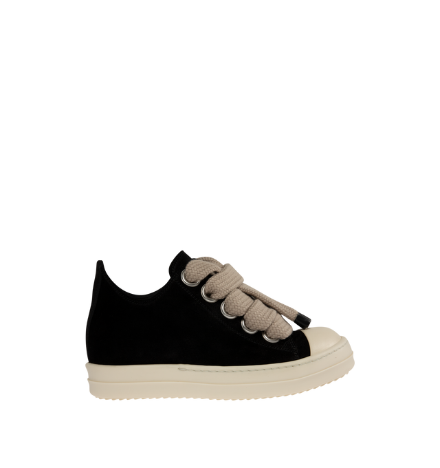 Image 1 of 5 - BLACK - Rick Owens Womens Jumbo Lace Low Sneakers are crafted from suede leather. Feature a low-top silhouette, oversized lace-up closure, calf leather toe cap, padded collar, shark-tooth thermoplastic rubber outsole, and signature bumper sole. Upper: 100% Suede Leather; Toe: 100% Calf Leather; Lining: 100% Calf Leather; Insole: 100% Calf Leather; Outsole: 100% Thermoplastic Rubber. Sole Height: 3.5 cm. Made in Italy.