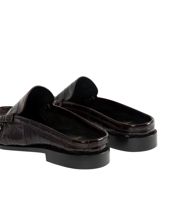 Image 3 of 4 - BROWN - SAINT LAURENT Le Loafer Mule featuring croc-embossed leather upper with leather sole, slip-on styling, cushioned leather footbed, signature penny loafer strap, cassandre at vamp and almond toe. Made in Italy.