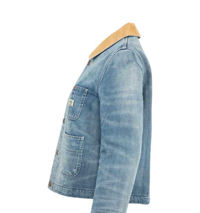 Image 3 of 3 - BLUE - R13 Cropped Chore Jacket featuring a corduroy collar, fitted, cropped, built with lightweight 8 oz. Japanese rigid denim with a medium-light wash and mild wear pattern. 100% cotton.