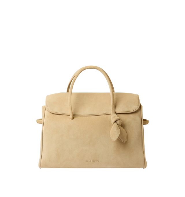 Image 1 of 4 - NEUTRAL - JACQUEMUS Turismo Shopper Bag featuring soft suede, magnetic flap closure, two top handles, adjustable and removable cross-body strap, tied bow detail and large interior patch pocket. 16.54 15.35 7.68 in. Handle height: 7.87 in. 100% calf leather. Made in Italy.