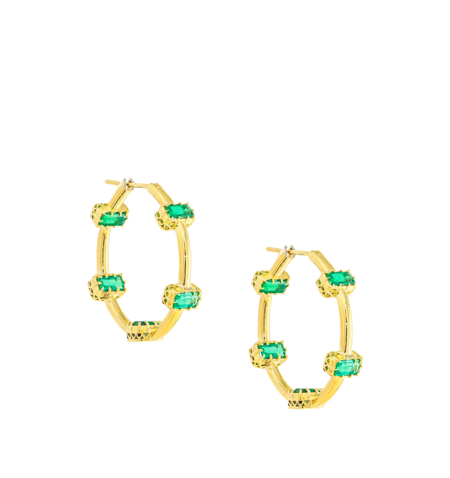 Image 2 of 2 - GOLD - JENNA BLAKE Emerald Ferris Wheel Hoops featuring 18K Yellow Gold and Emerald. 28mm Length. Hirshleifers offers a range of initial pieces from this collection in-store. For personal consultation and detailed information about jewelry, please contact our dedicated stylist team at personalshopping@hirshleifers.com. This item may be restricted for online purchase to international clients. For assistance purchasing this item please contact our dedicated stylist team at personalshopping@hirs