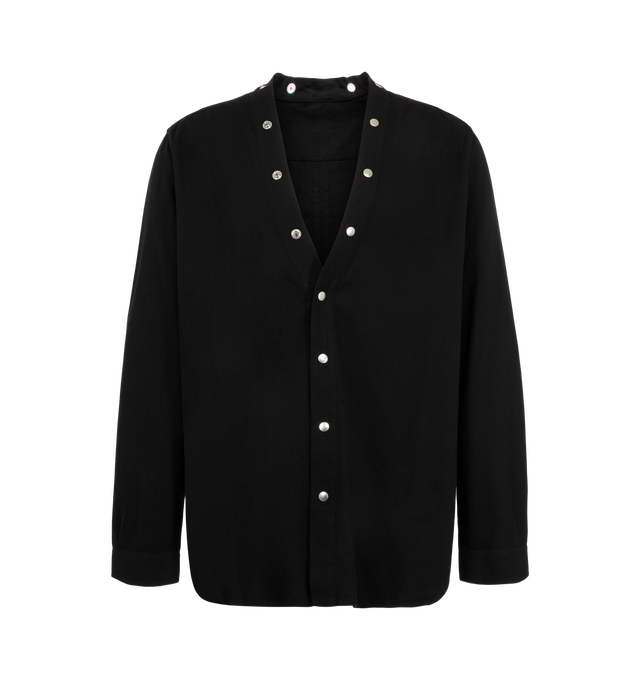 Image 1 of 2 - BLACK - Rick Owens DRKSHDW Men's Larry Shirt is crafted from cotton canvas and features the brand's signature deep V-neck silhouette, long sleeves, and a snap-button front closure. Designed with a structured canvas texture, buttoned cuffs, and silver-tone hardware, this distinctive style combines utilitarian detailing with Rick Owens' avant-garde aesthetic. Main Material: 100% Cotton. Made in Italy.