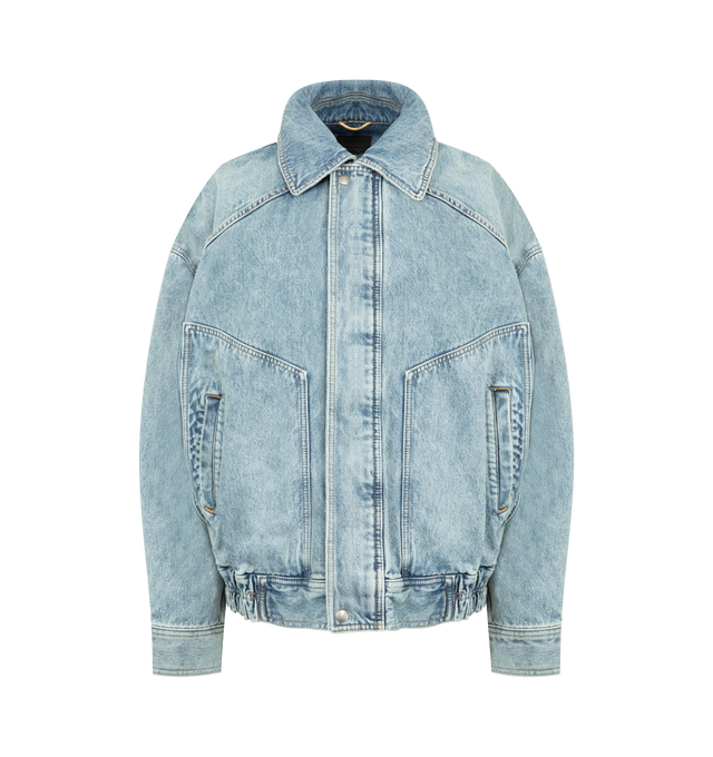 Image 1 of 3 - BLUE - SAINT LAURENT Oversized Zip Denim Jacket featuring drop shoulders, patch pockets, shirred hems at the side, concealed front zip closure with snap-button flap, two welt patch pockets at the front, pointed collar, one-button cuffs and shirred waistband at the sides. 100% cotton. Made in Japan.