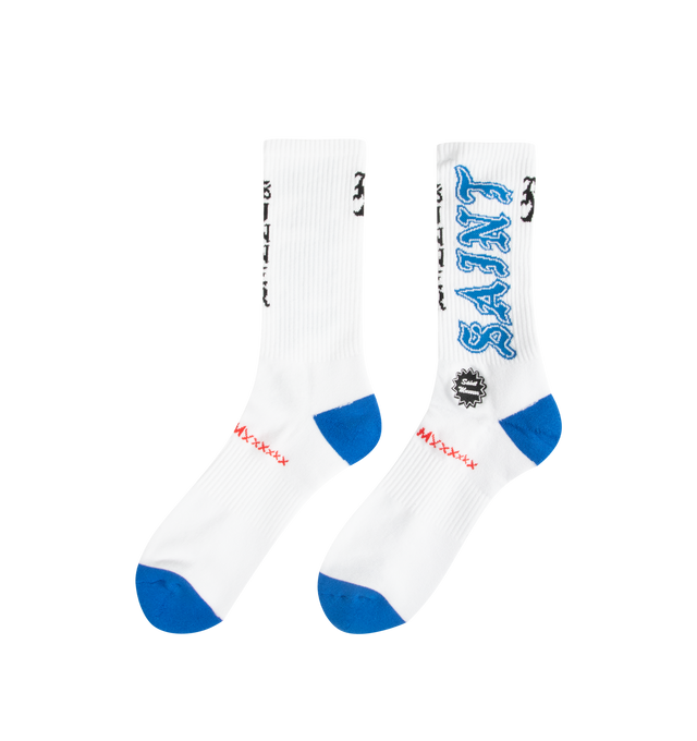Image 2 of 2 - BLUE - SAINT MICHAEL Saint Socks featuring crew length, ribbed design and jacquard graphics.