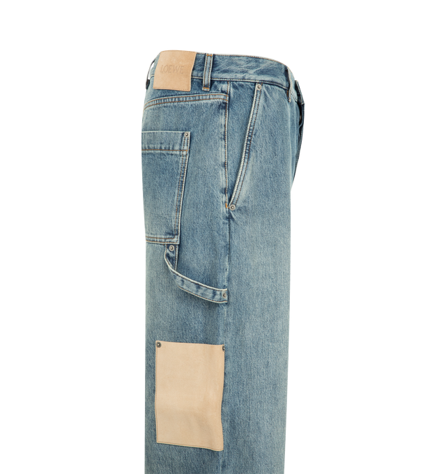 Image 3 of 3 - BLUE - LOEWE Jeans in medium-weight washed cotton denim featuring regular fit, regular length, mid waist, straight leg, concealed button fly, front slash pockets, rear patch pockets and leather side pocket, hammer loop and LOEWE debossed leather patch placed at the back. Cotton. Made in Italy.