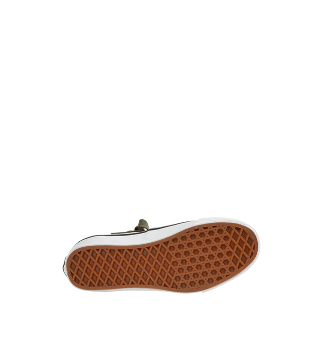 Image 4 of 5 - GREEN - VANS X HOMME GIRLS OTW Authentic 44 Sneaker featuring Heritage low-top shoe, Style 44, 8 oz canvas upper with 6 oz canvas bindings and heel strip, HommeGirls branded lace, with optional second lace, metal eyelets, higher sidewall with gloss finish, foxing tape, reinforced outsoles, Co-branded Foam ADC (All-Day Comfort) insole, signature waffle outsole pattern, all-over checkerboard pattern with Hg monograms and co-branded logo heel scab.